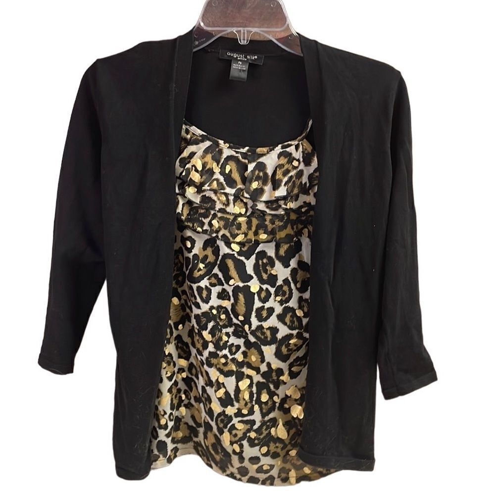 AUGUST SILK Animal Print Cardigan Attached Tank Top Black Gold Metallic Size PS